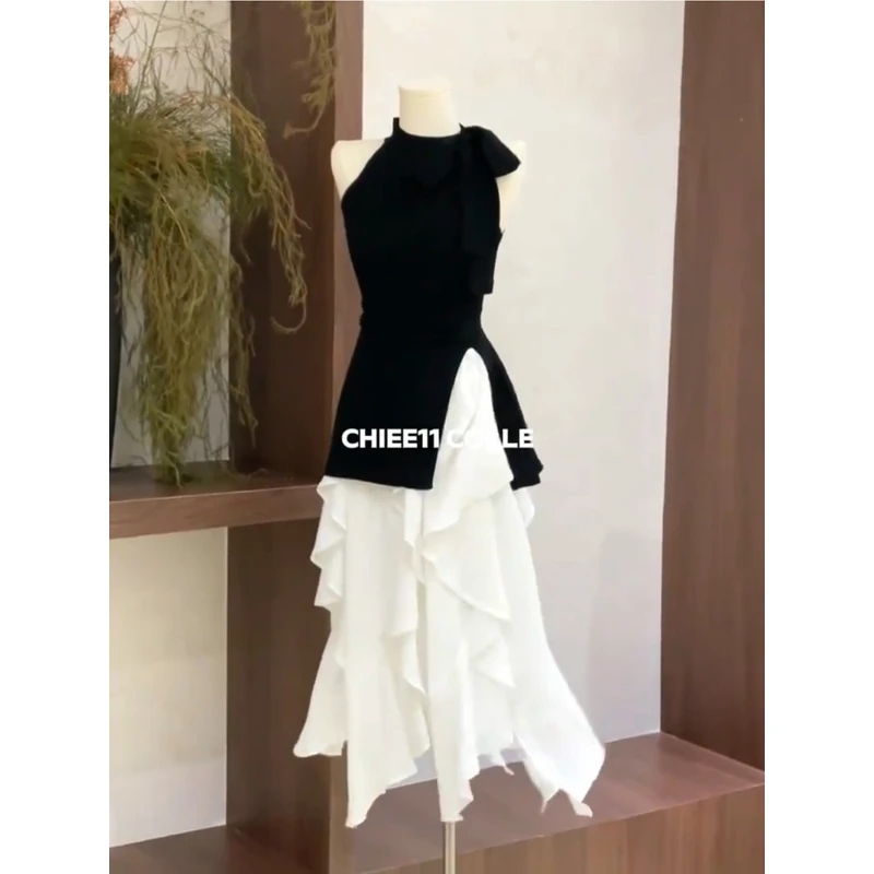 法式挂脖背心吊带女夏季外穿小香风开叉无袖针织上衣荷叶边半身裙