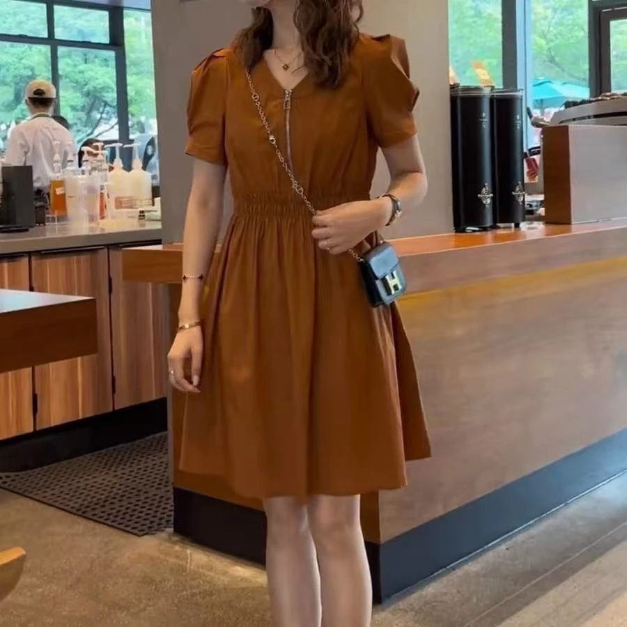 轻熟气质V领连衣裙女收腰遮肚显瘦拉链工装裙L513
