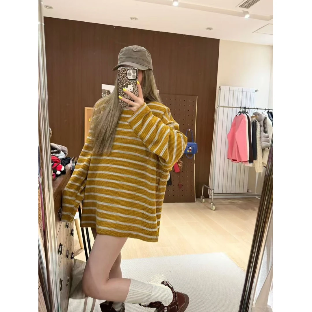 【现货-针织黄条毛衣】2025東room冬季新款韩版百搭黄条纹厚毛衣女