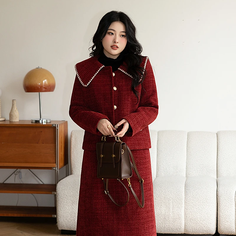 【霏主播专属】秋冬气质翻领小香风外套＋高腰半裙套装-8390-8386