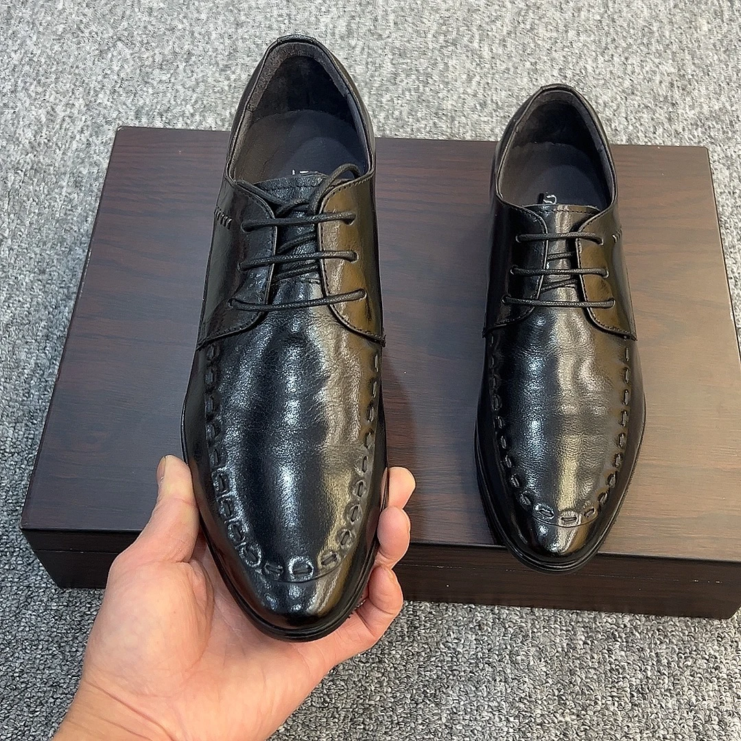 34码起透气尖头系带春秋休闲皮鞋百搭单鞋清凉感男士时尚黑色单鞋