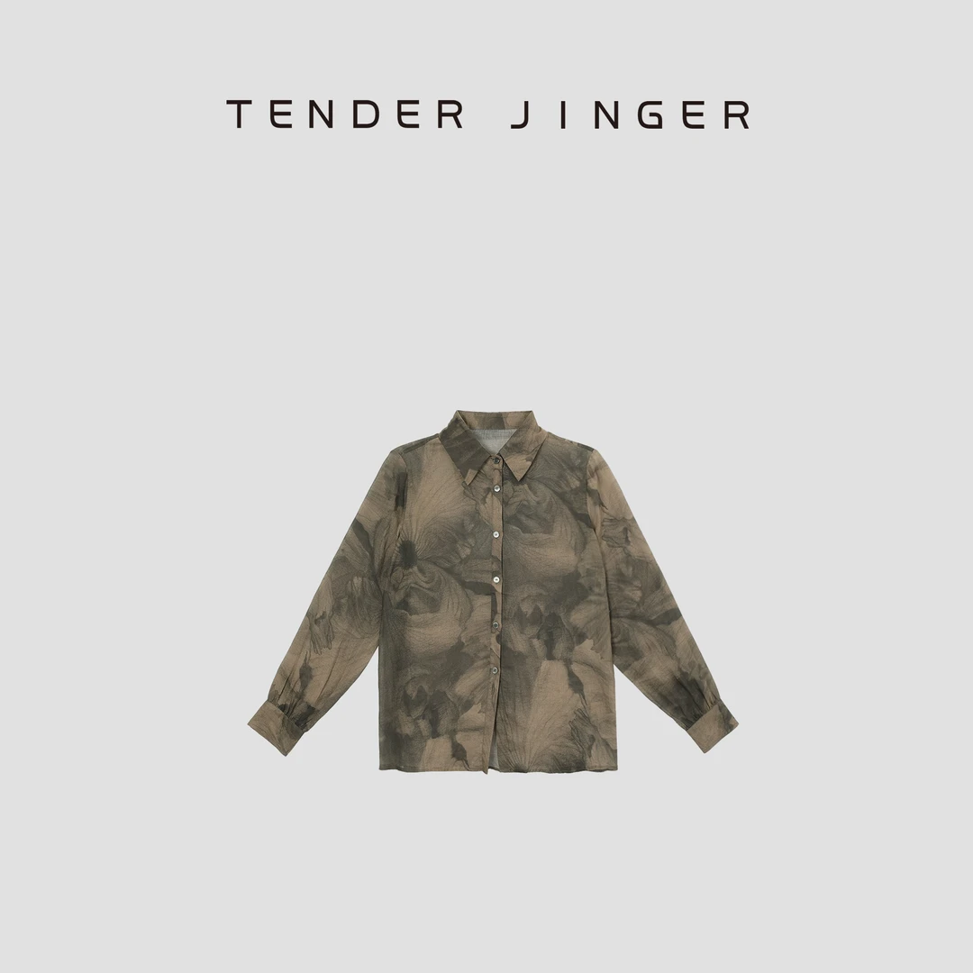 时尚暗夜鸢尾花休闲苎麻长袖衬衫T42KP77535