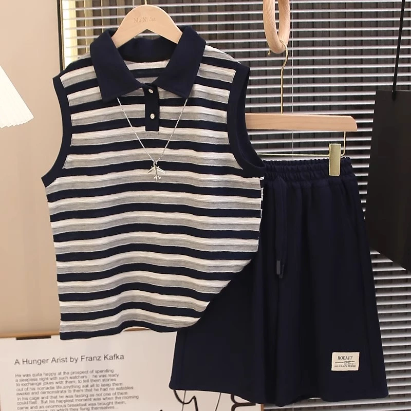 男童夏装条纹背心套装2025新款大儿童夏季无袖POLO衫两件套痞帅潮