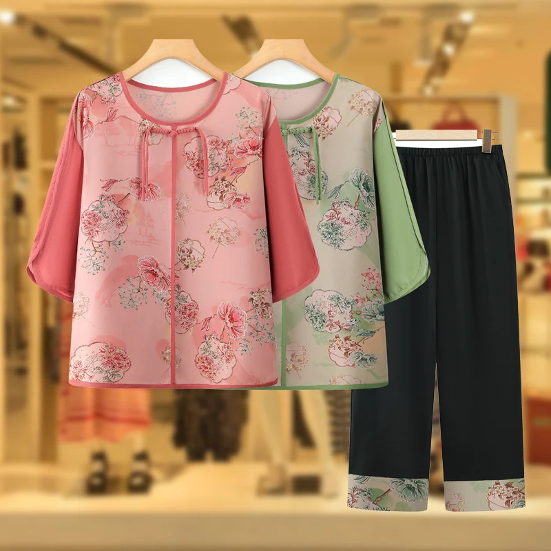 中老年人女装洋气套装奶奶七分袖衬衣妈妈时尚小衫老太太夏装