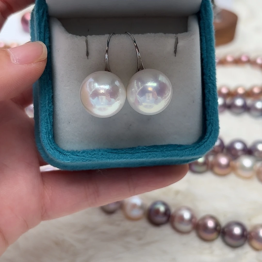 淡水珍珠银S925镶嵌耳饰14-15正圆冷白粉