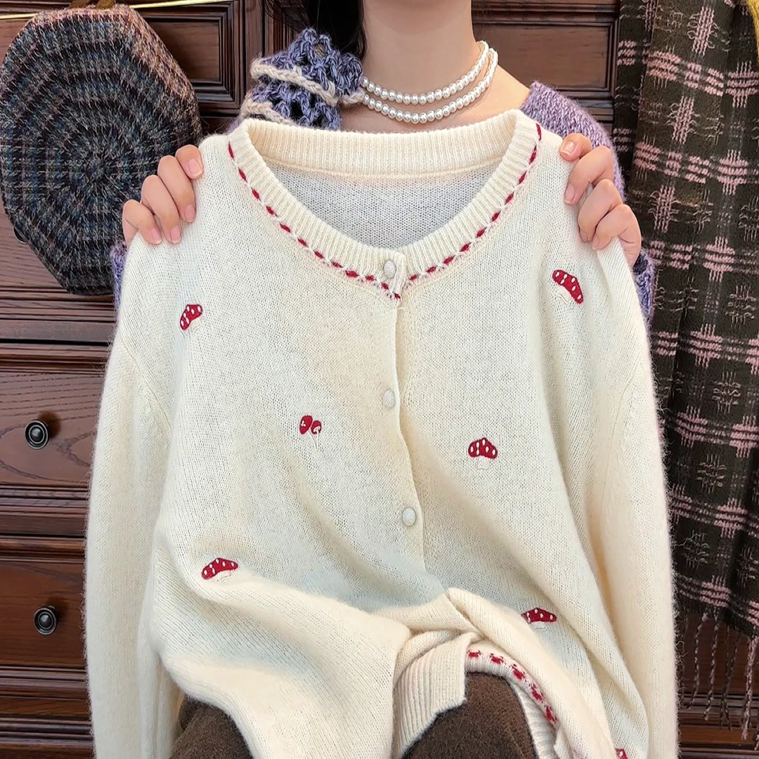 长袖韩版蘑菇刺绣圆领针织针织衫毛针织衫女装