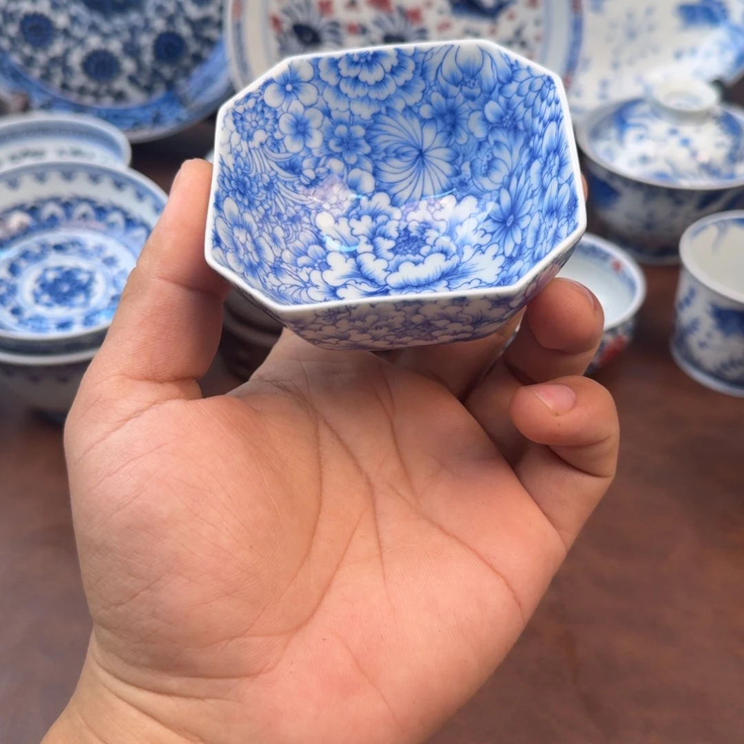 陶摆件万花八方杯手绘