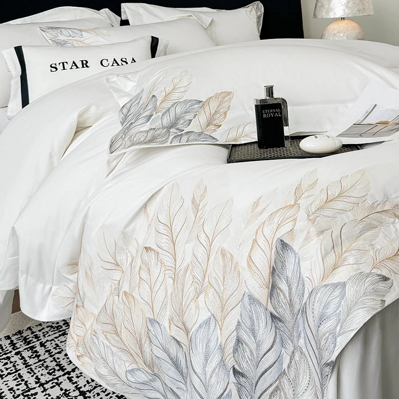 水星家纺200s正宗长绒棉贡缎四件套100%纯棉高档刺绣被套床上用品