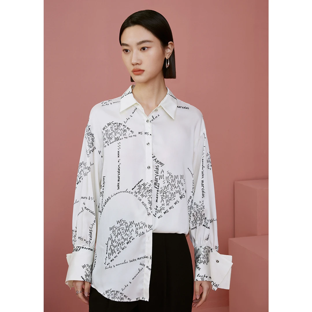【粉丝专属】曼德诗字母印花衬衫秋季长袖涂鸦风上衣M311300602