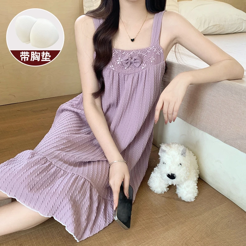 吊带睡裙女款夏季宫廷甜美风带胸垫宽松大码带胸垫紫色家居服睡衣