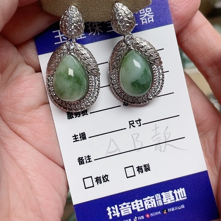 透闪石-蛇纹石玉耳环银S925镶嵌画*