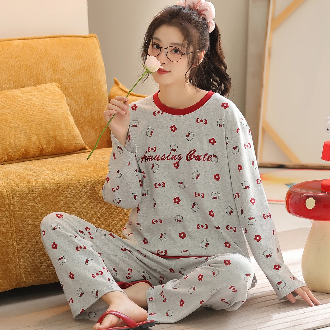 卡之恋睡衣女春秋季新款长袖纯棉红领圈kitty猫撞色可外穿家居服