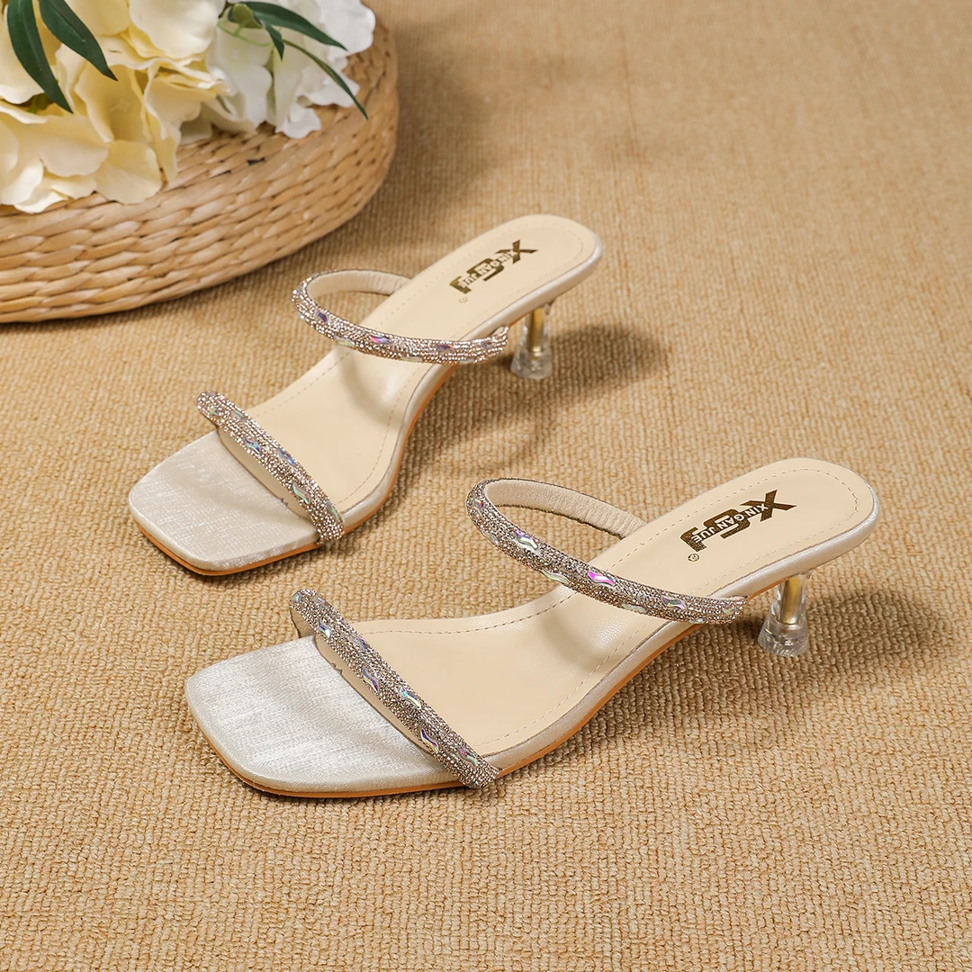 绝了~ 好美呀！水钻气质细跟性感凉拖鞋水晶跟夏季外穿一字拖2025