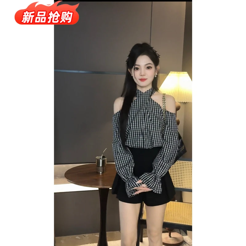 小众气质设计感交叉格子长袖衬衫2025秋季新款修身显瘦高级感上衣