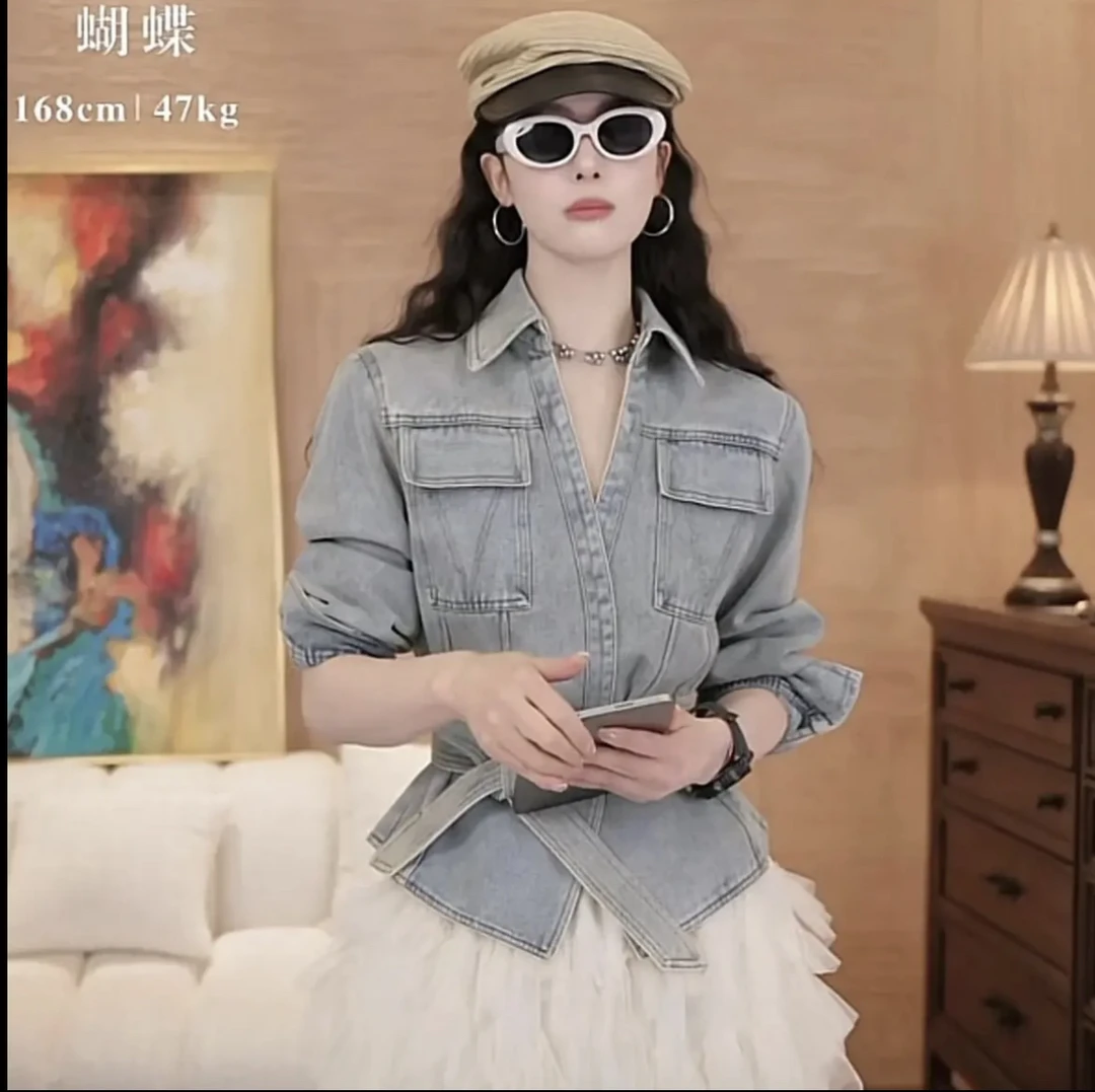 1美式港风洗水牛仔短外套女可卸腰系带开衫2025早春蛋糕裙两件套