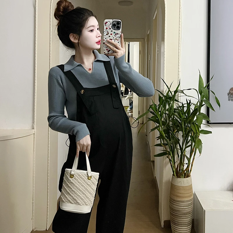 孕妇春季套装韩版简约翻领长袖上衣时尚百搭孕妇背带裤