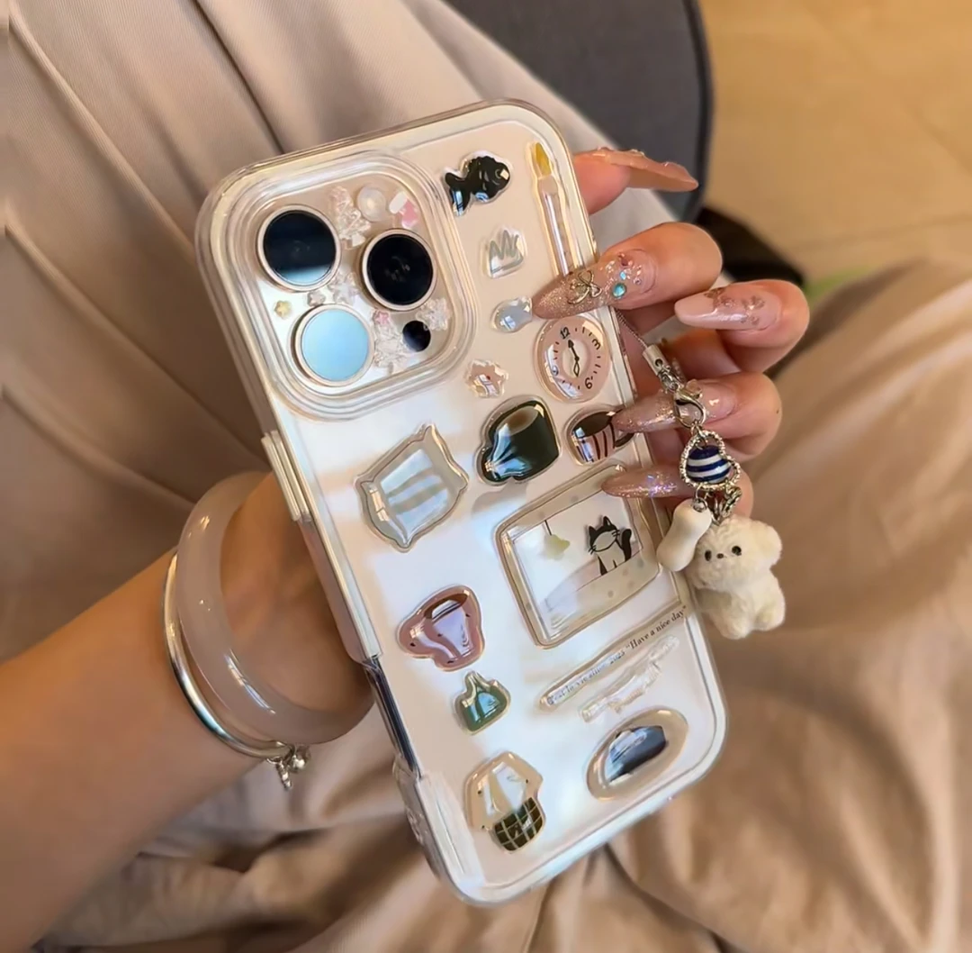 二合一闹钟小黑猫和骨头小白狗软壳适用iPhone16立体贴纸手工苹果