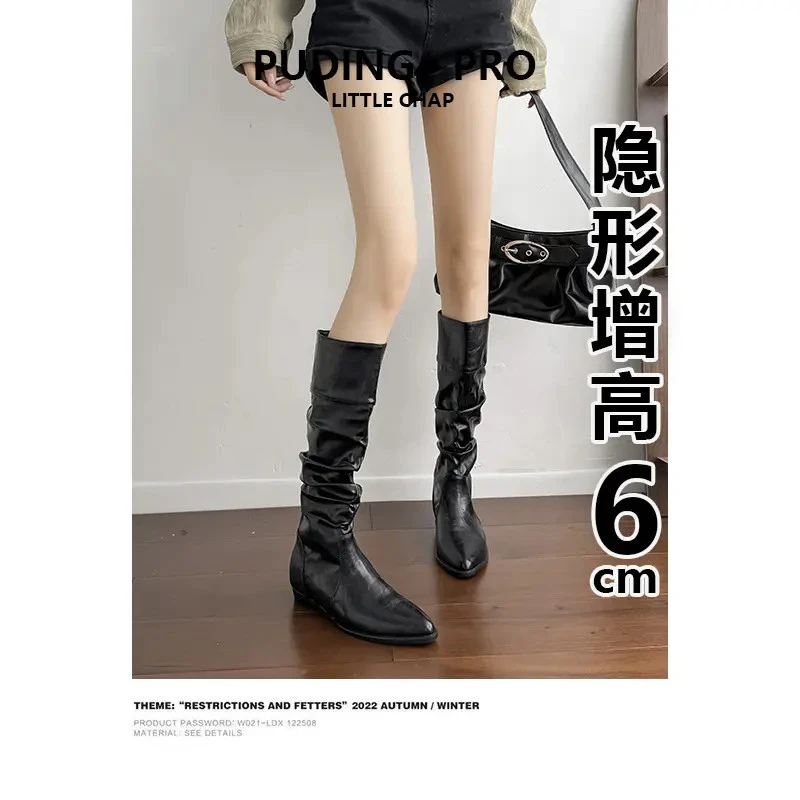 复古风内增高长筒靴堆堆靴女旅游穿搭秋季小个子显瘦西部牛仔靴女