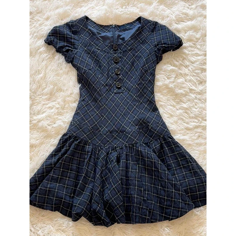 古着vintage格纹短袖花苞裙复古学院风显瘦收腰后背拉链连衣裙子