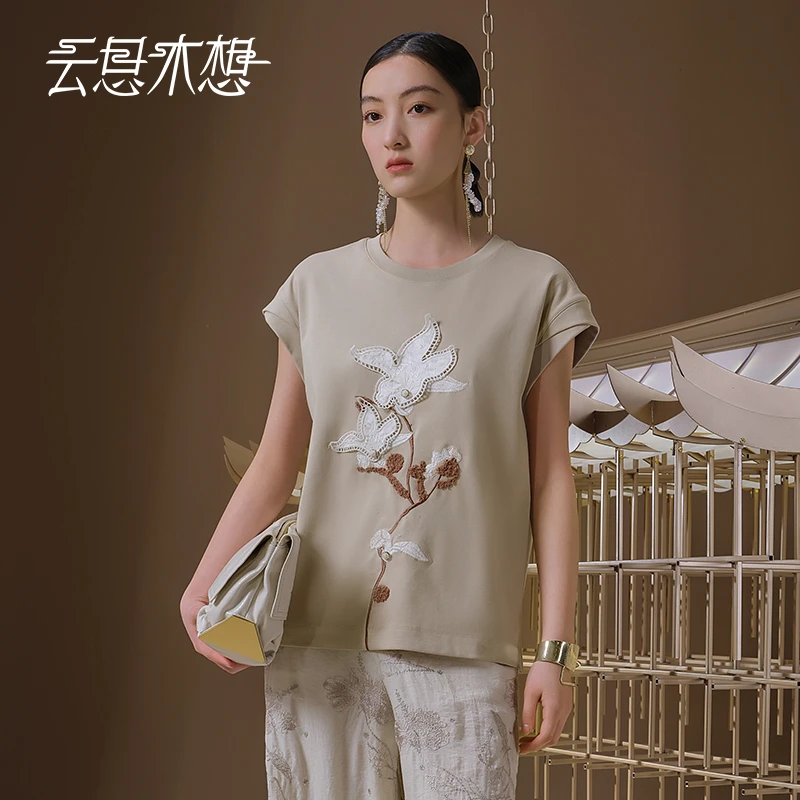 Ysimo-X云思木想 木棉花开 手工钉花绣花小开叉100棉T恤13010