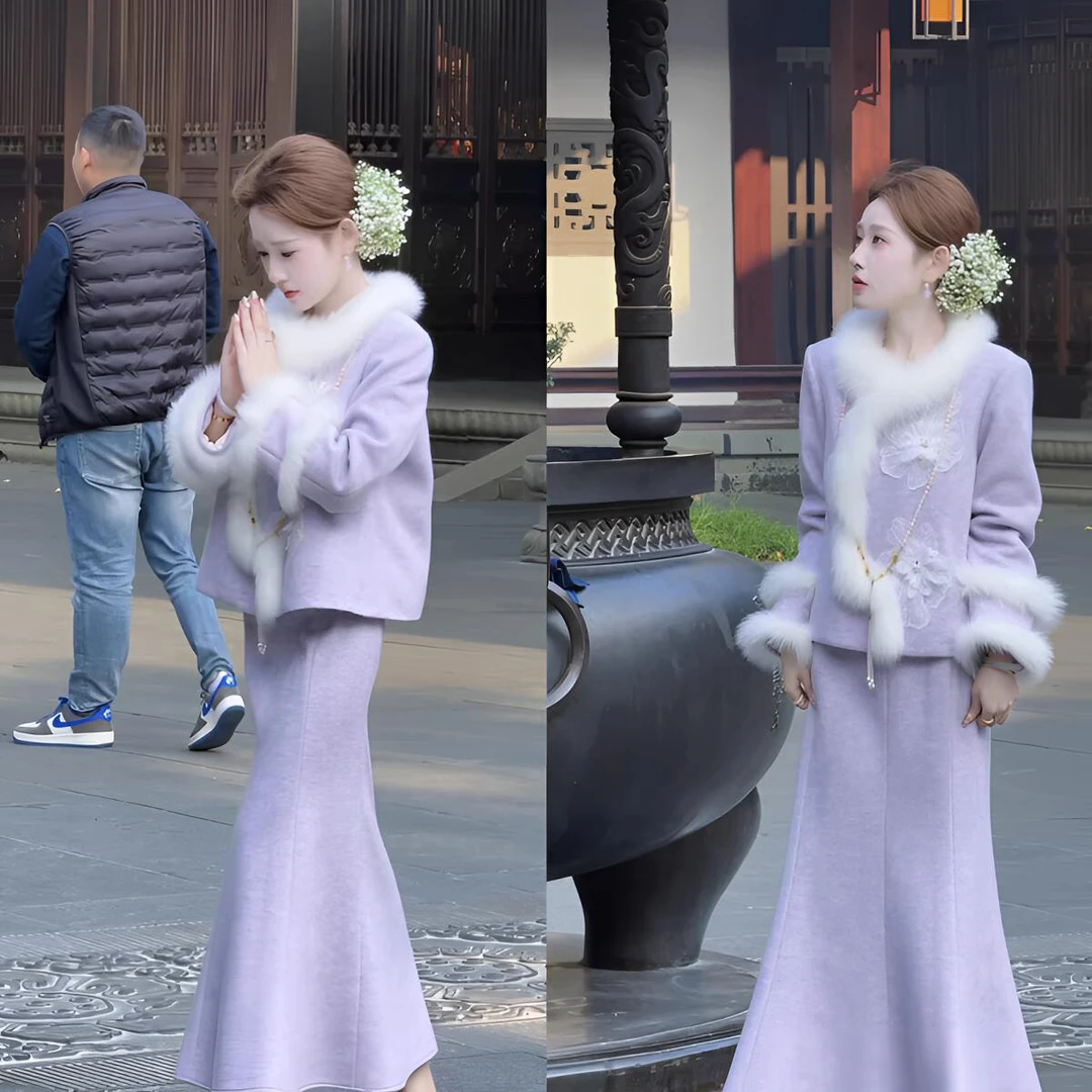 【现货运费险】雪落长安 新中式淡紫毛毛蕾丝花加厚套装