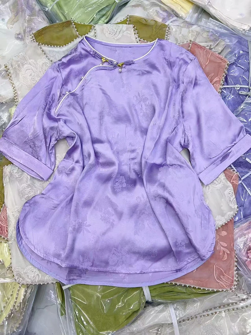 【春不晚】新中式夏季新款国风提花圆领短袖打底衫