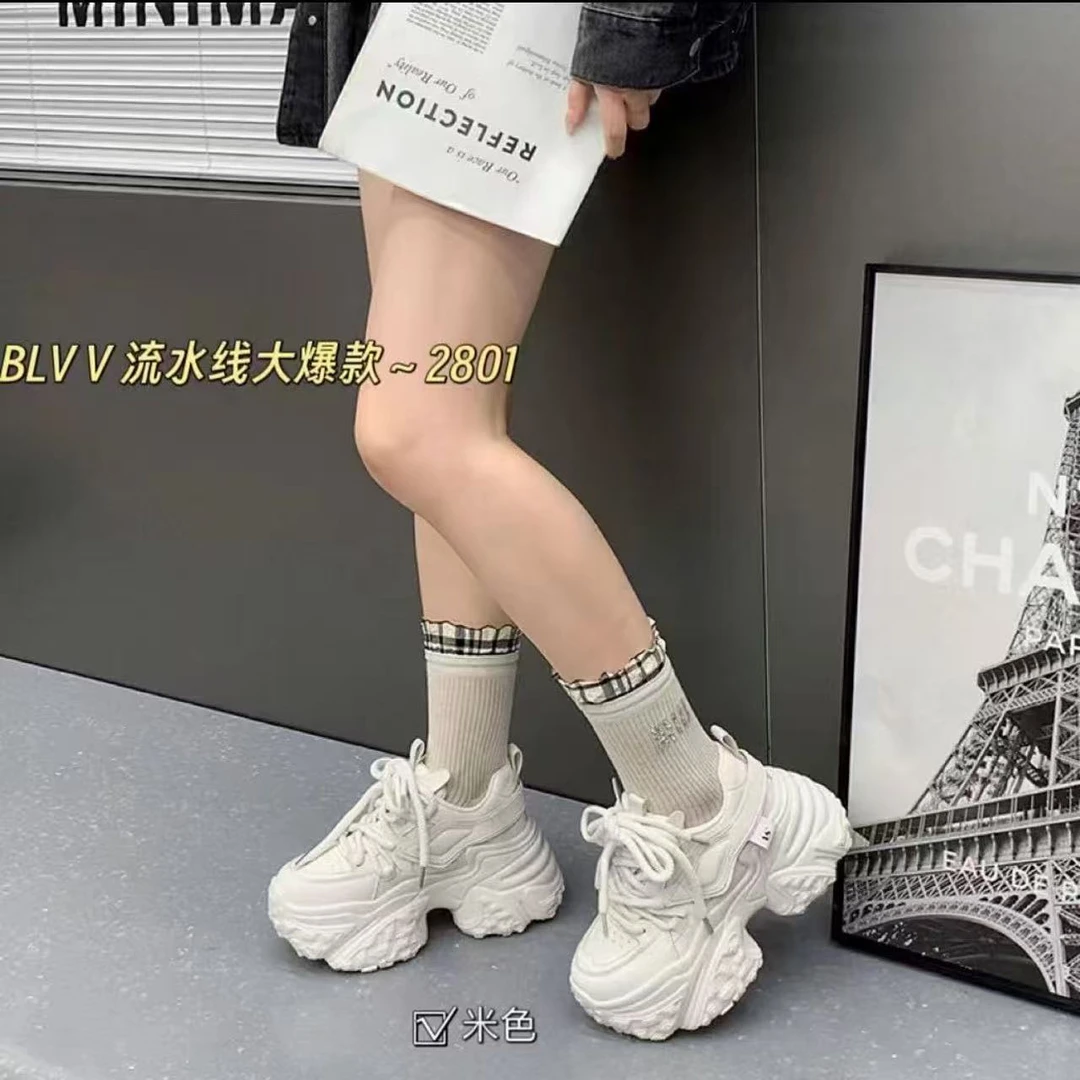秋季新款中筒厚底系带韩版潮流休闲老爹鞋增高2801秋冬白色米色