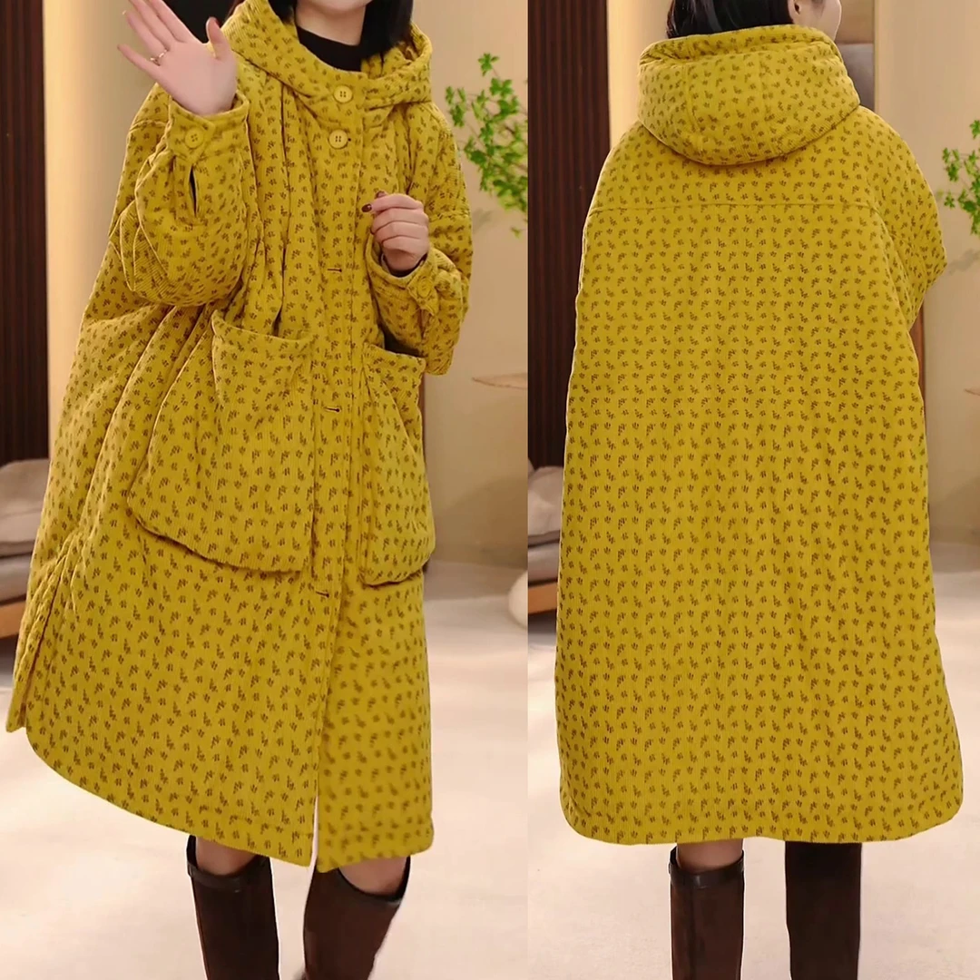 2025秋冬韩版小清新碎花时尚百搭加棉保暖中长款休闲连帽棉衣外套