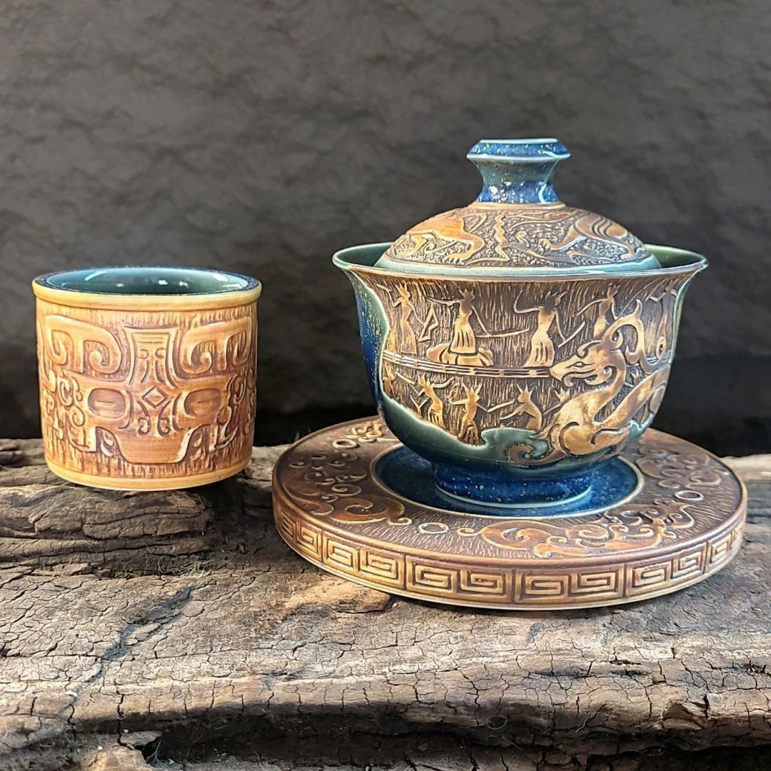 大师藏蓝星空窑变三才盖碗主人单杯手工陶瓷饕餮浮雕扳指茶盏茶杯