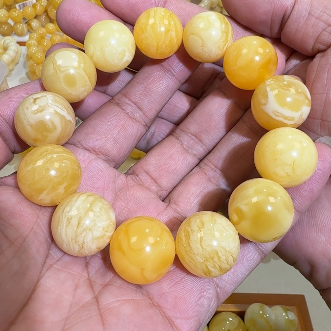 琥珀未镶嵌珠宝奇石19.5m+浓蜡多宝圆珠手串53.3克