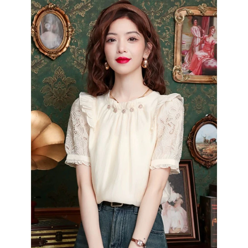 镂空国风短袖雪纺上衣女2025夏季新款气质两面穿别致漂亮小衫恤