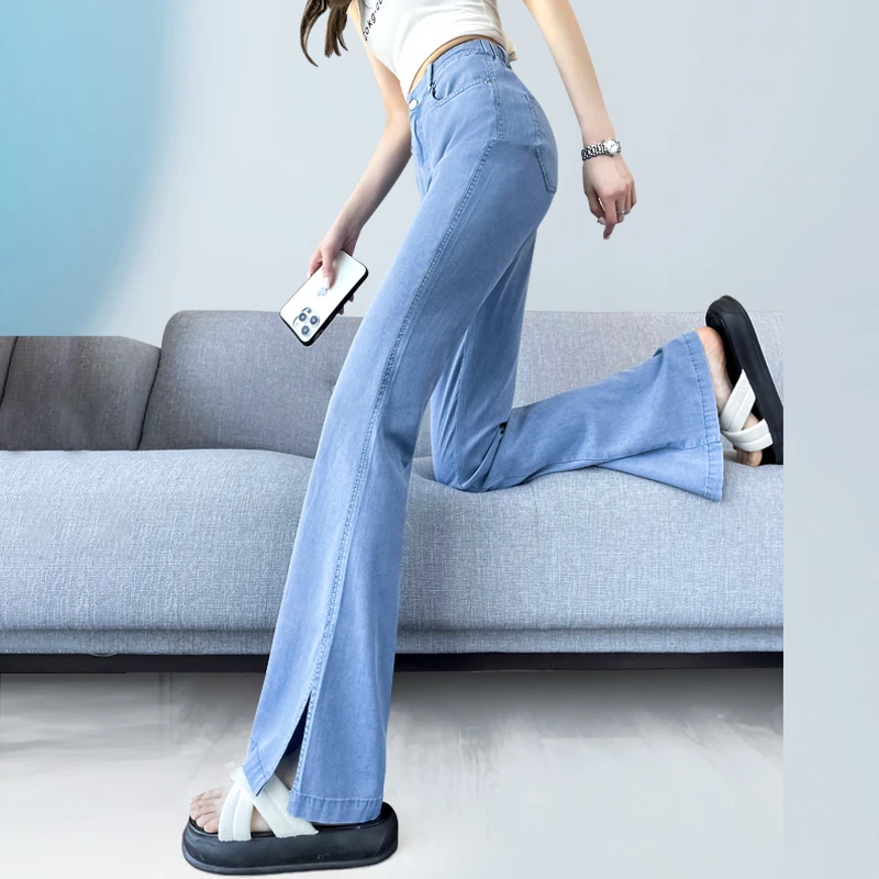 加长冰丝垂感牛仔微喇裤女高个子莱赛尔天丝开叉喇叭裤子夏季薄款