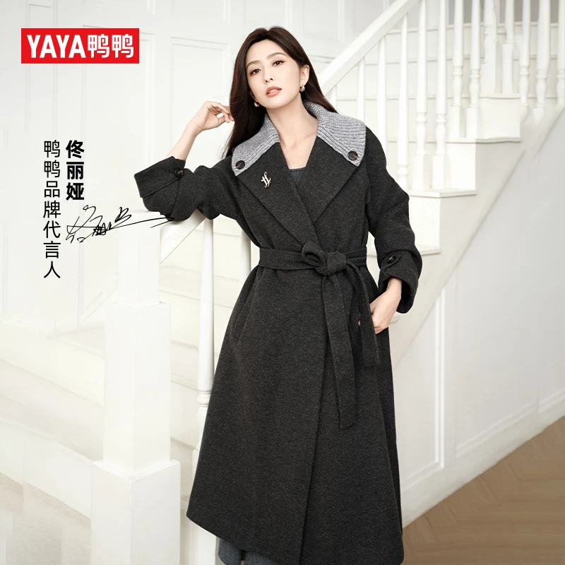 鸭鸭90绒时尚长款过膝翻领通勤风秋保暖毛呢羽绒外套YE5B605749M