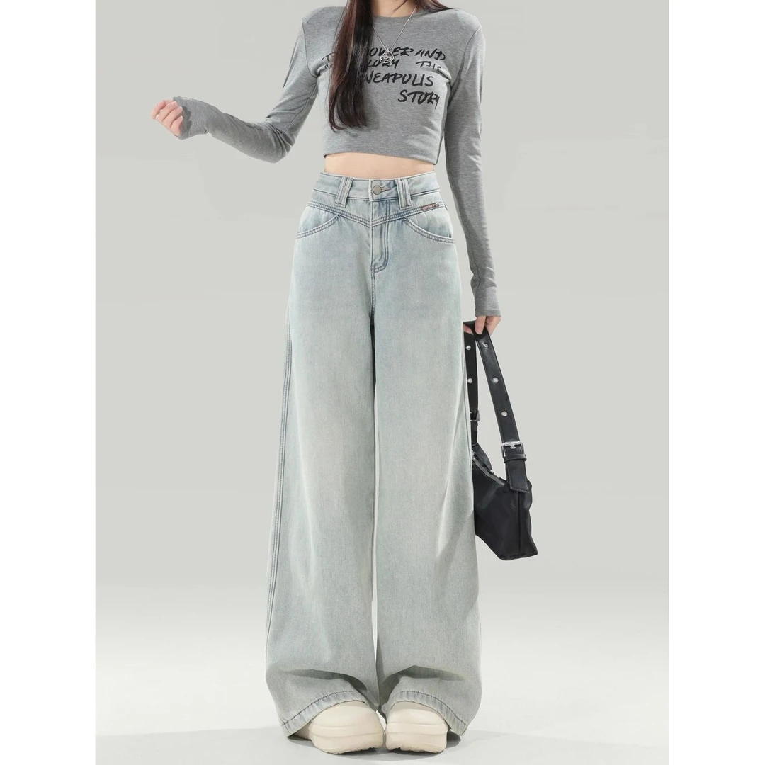 哥弟阿玛施正品复古薄款高街设计感垂感破洞春秋牛仔裤女水洗浅色