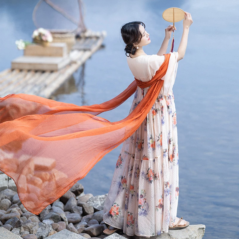 【现货】3220方领改良汉服浪漫襦裙女2025春季泡泡格雪纺印花长裙