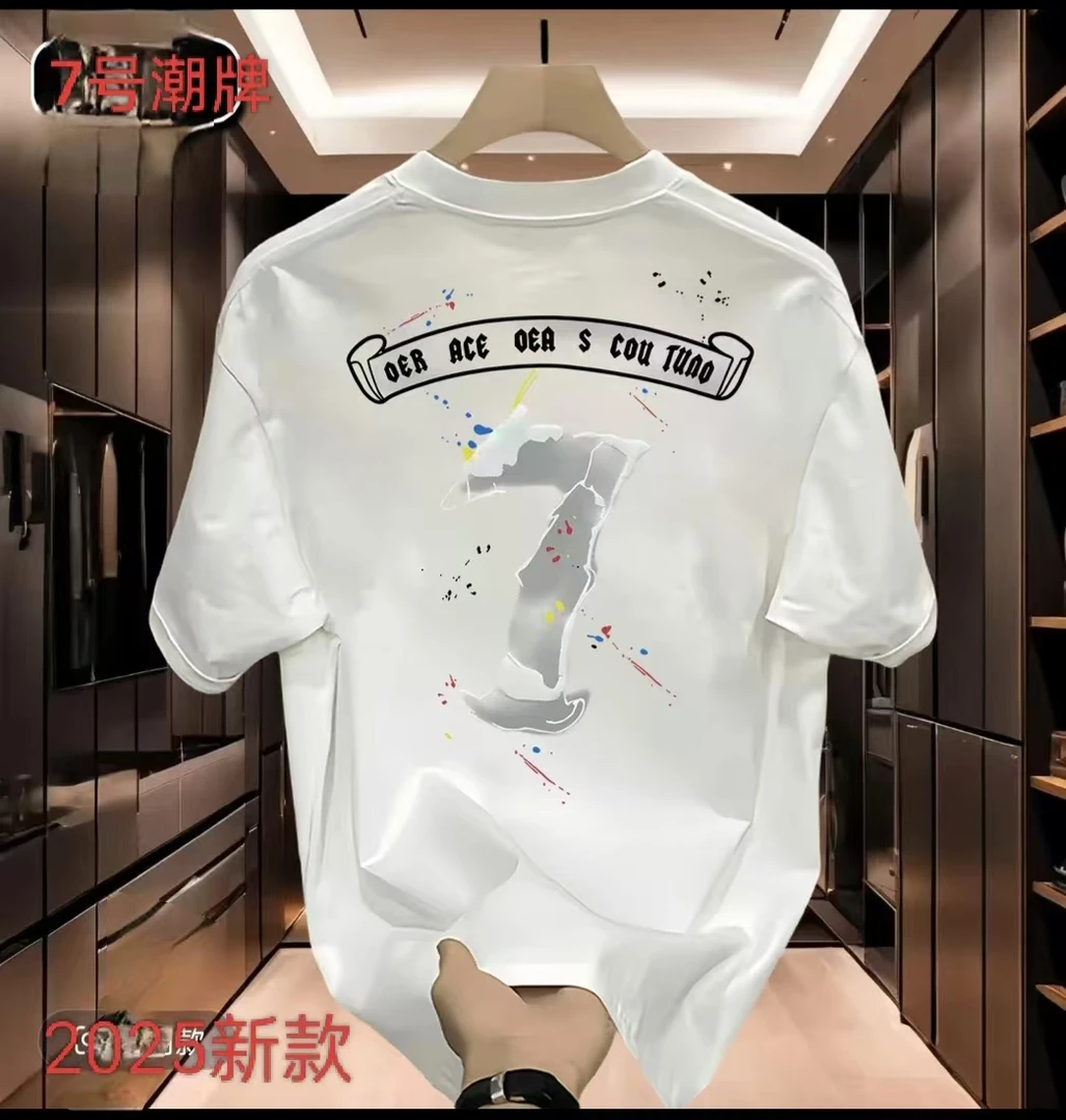 2025男士痞帅潮流休闲印花短袖T恤夏季潮牌百搭上衣圆领宽松落肩