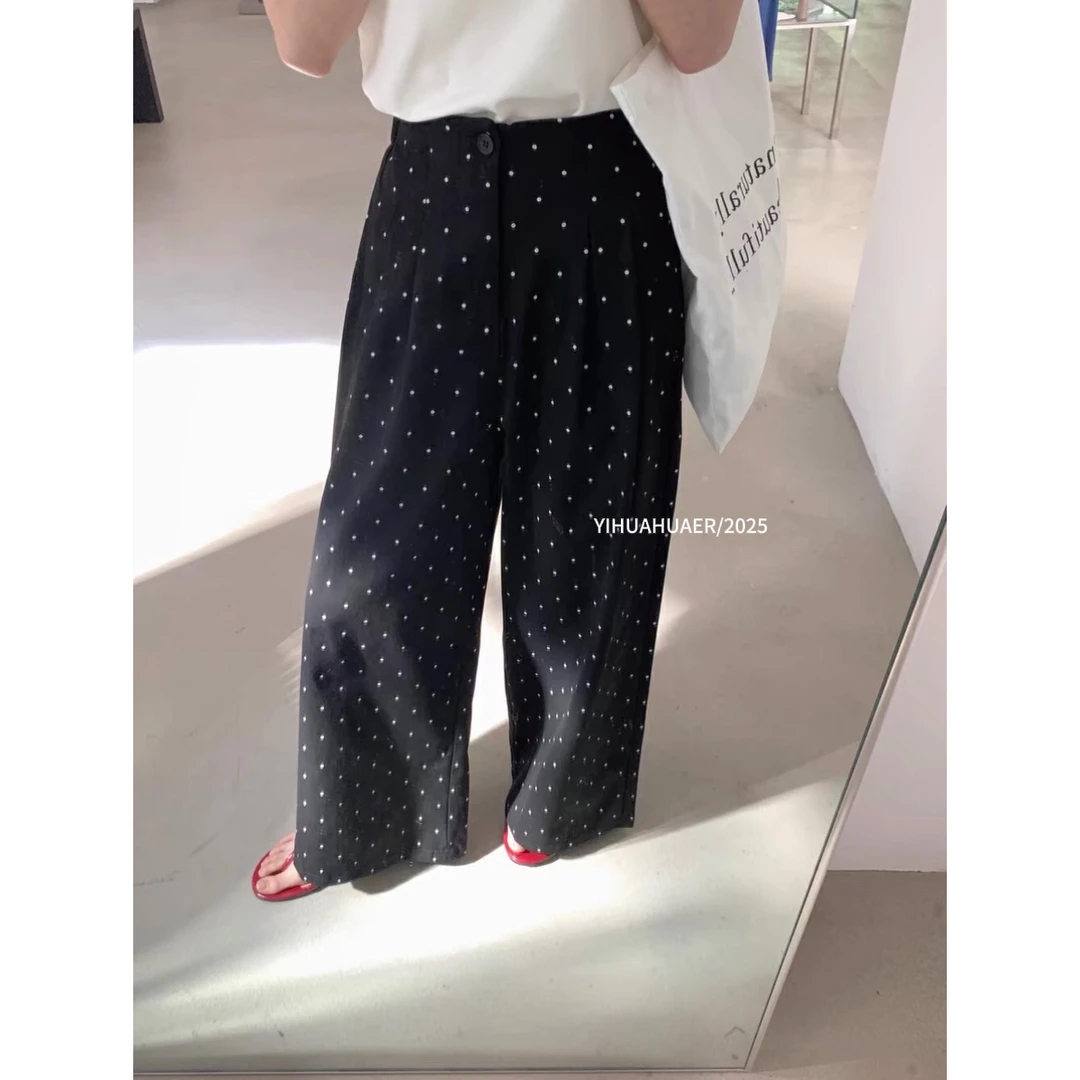 『波点裤』东大门韩国原单韩版春夏款百搭波点松紧腰阔腿长裤2701