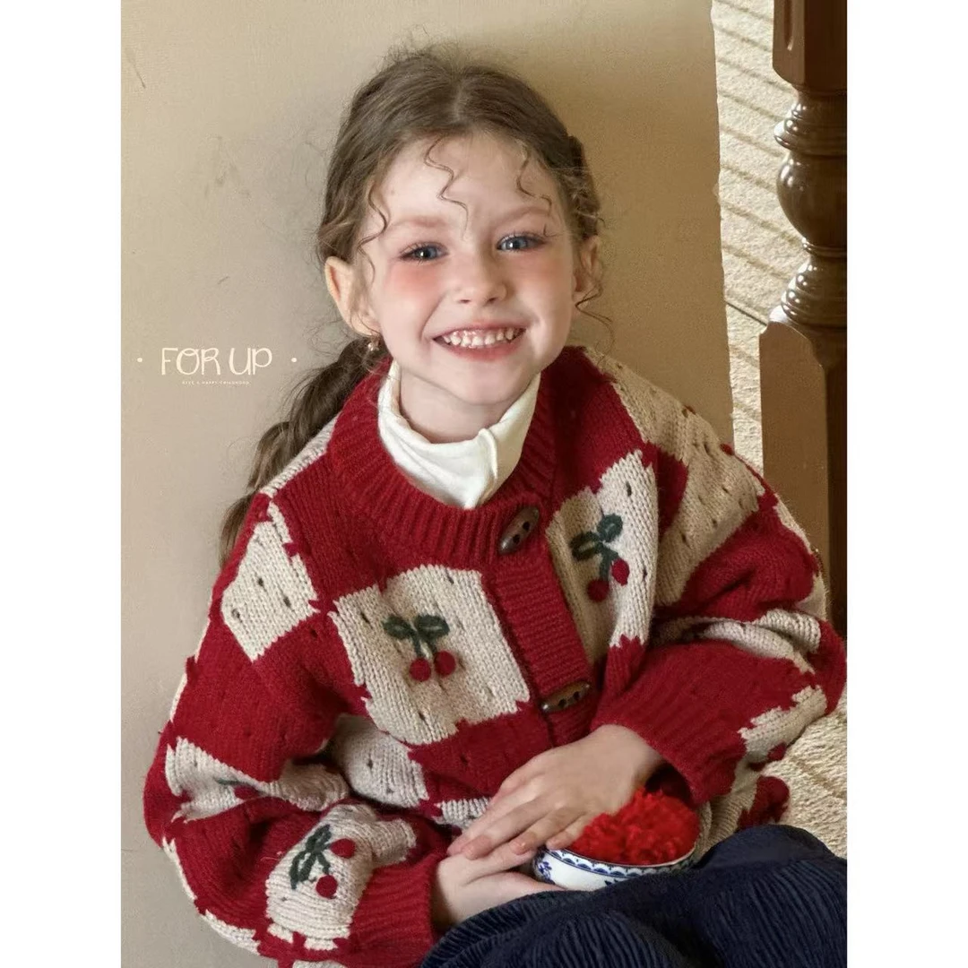 [FOR UP]秋季新款法式樱桃格纹撞色毛衣外套254-FU-75906