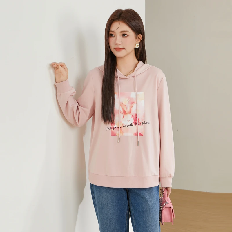 采多宝大码女装时尚休闲百搭连帽减龄卡通印花长袖卫衣ECZ2579N