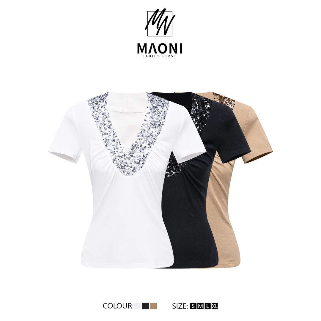 毛妮Peshe【泰式辣妹】纯欲v领亮片T恤短袖打底背心修身显瘦L1684