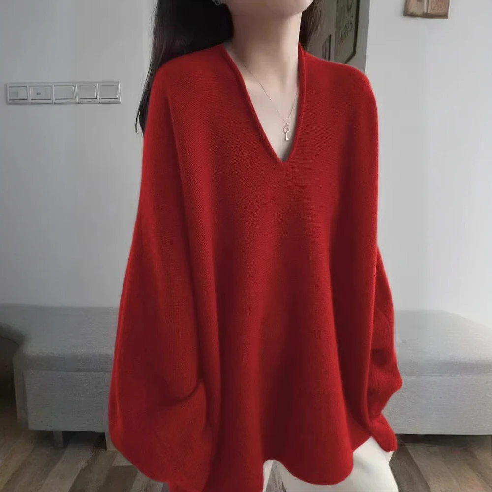 2025新年红色v领毛衣女秋冬宽松慵懒风高级感内搭针织衫打底上衣