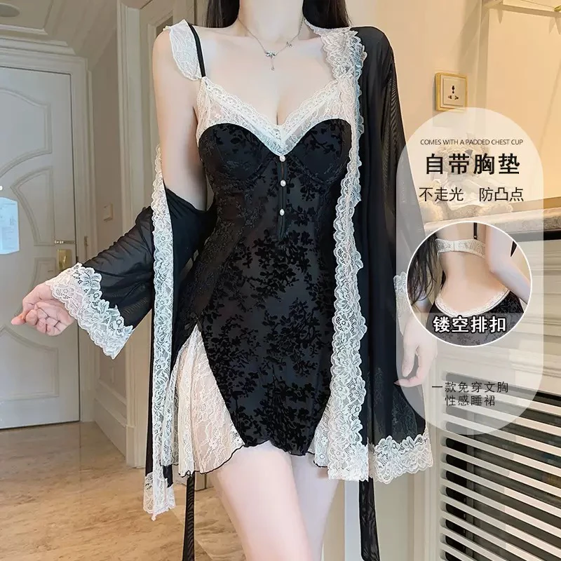 奶兔蜜语【月丝蕾纱】内衣甜美飞袖露背加胸垫丝绒睡裙外袍女套装