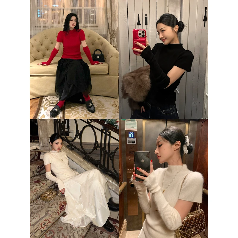 左边女装圣诞氛围感上衣2024秋冬新款 法式千金短袖袖套针织衫