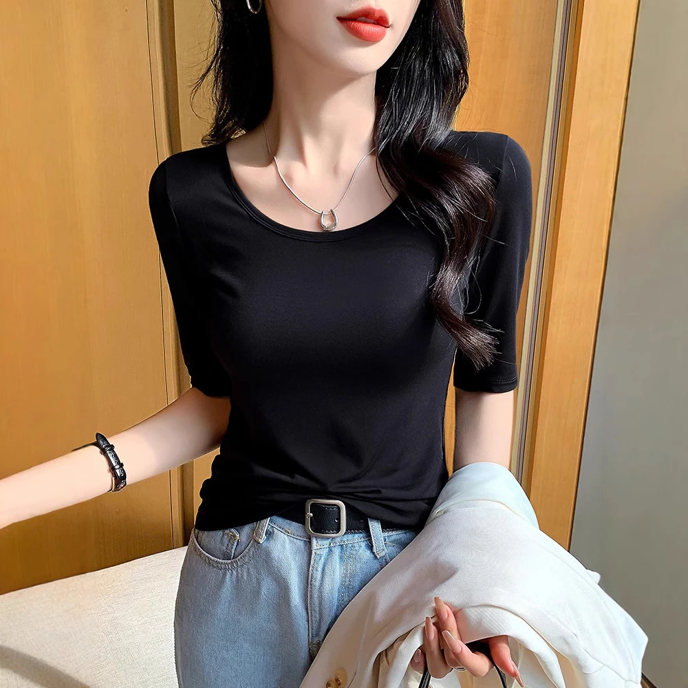 莫代尔u领短袖T恤女夏新款垂感弹力大圆领打底衫气质减龄中袖上衣