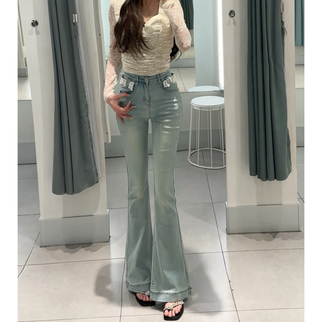 高腰喇叭裤显瘦蕾丝花边微喇牛仔裤女弹力欧若风设计