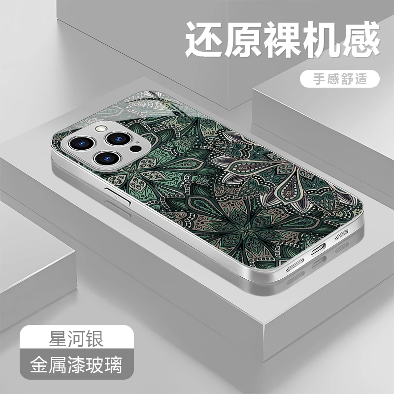 复古图案适用苹果17/16/15华为P70/vivo/oppo金属漆玻璃手机壳