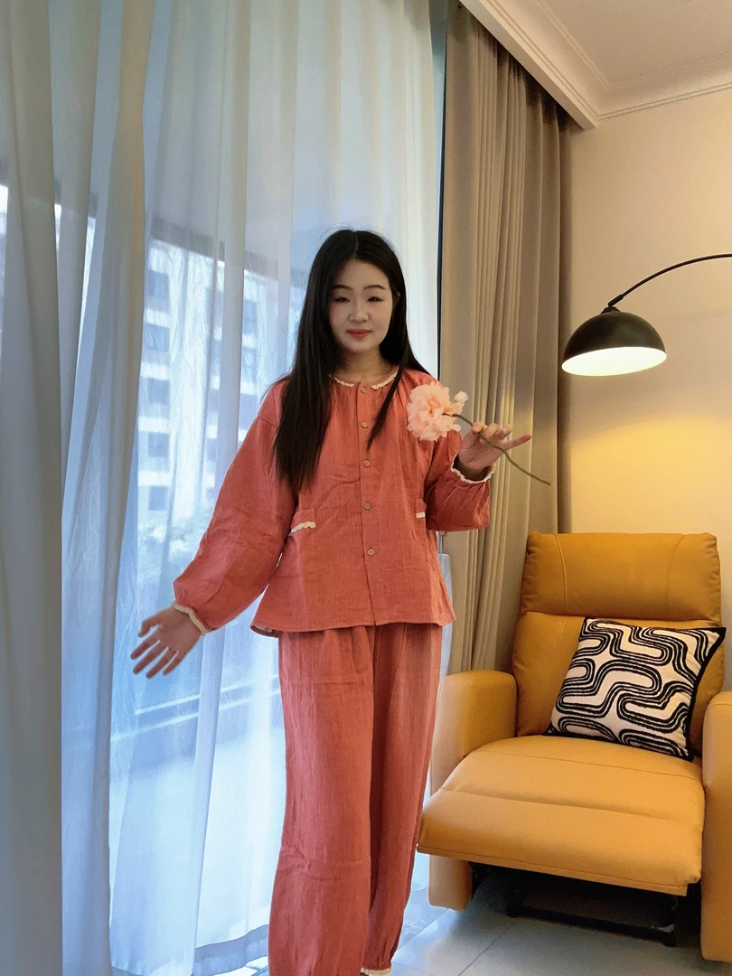 纯棉双纱休闲100%全棉A级睡衣春秋夏薄全棉色织女可外穿家居服