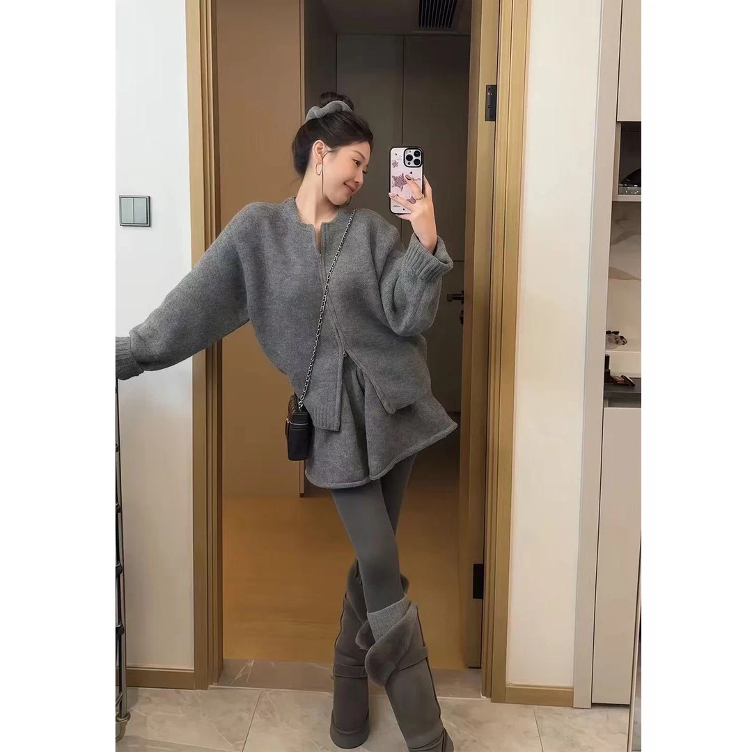 氛围感针织毛衣套装女秋冬新款灰色慵懒软糯休闲外套短裙两件套