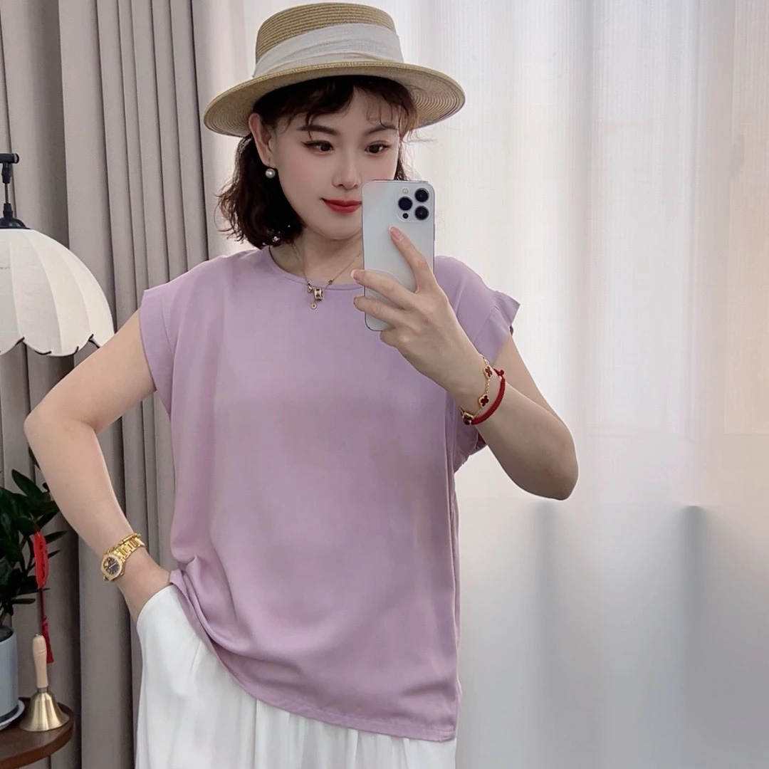 范范家【斜纹人造棉】韩系百搭防走光小飞袖棉绸T恤2522