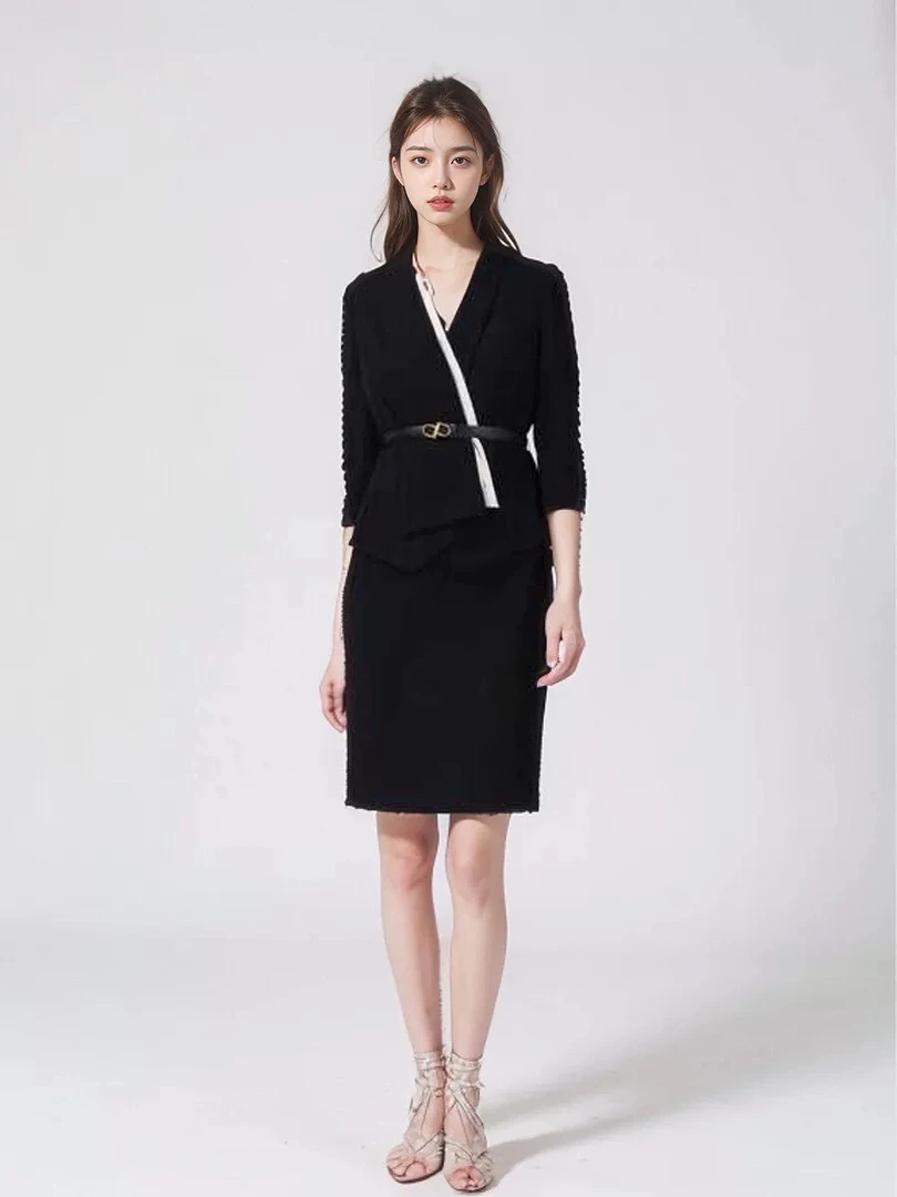 宝家2025年春夏新款通勤简约设计感腰带装饰三醋酸中长连衣裙